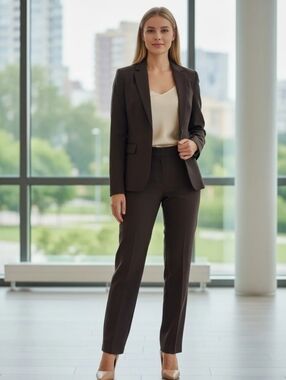 Tahari 2pc Women Tailored  Brown Dress Pants And Blazer Suit Set Size 2P